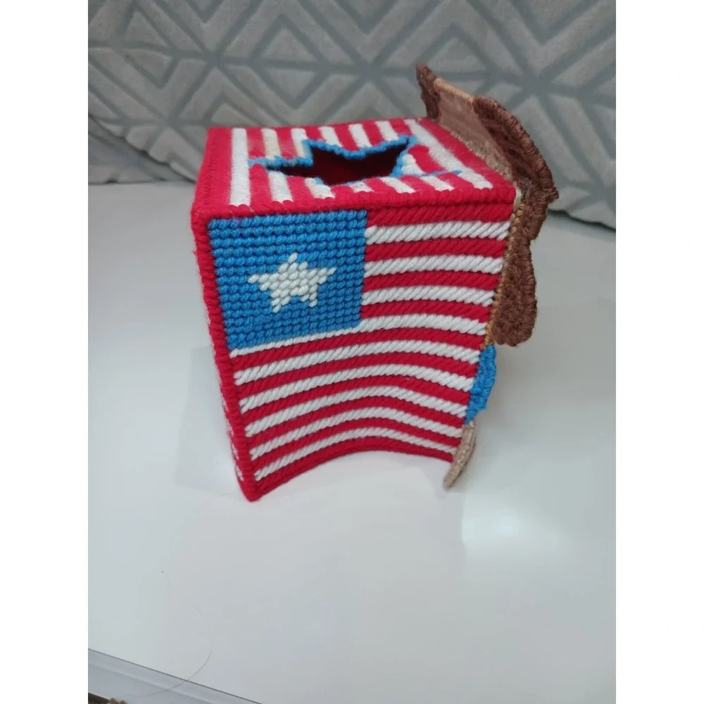 Handmade Needlepoint Plastic Canvas Tissue Box Cover - Patriotic Dog & Sunflower